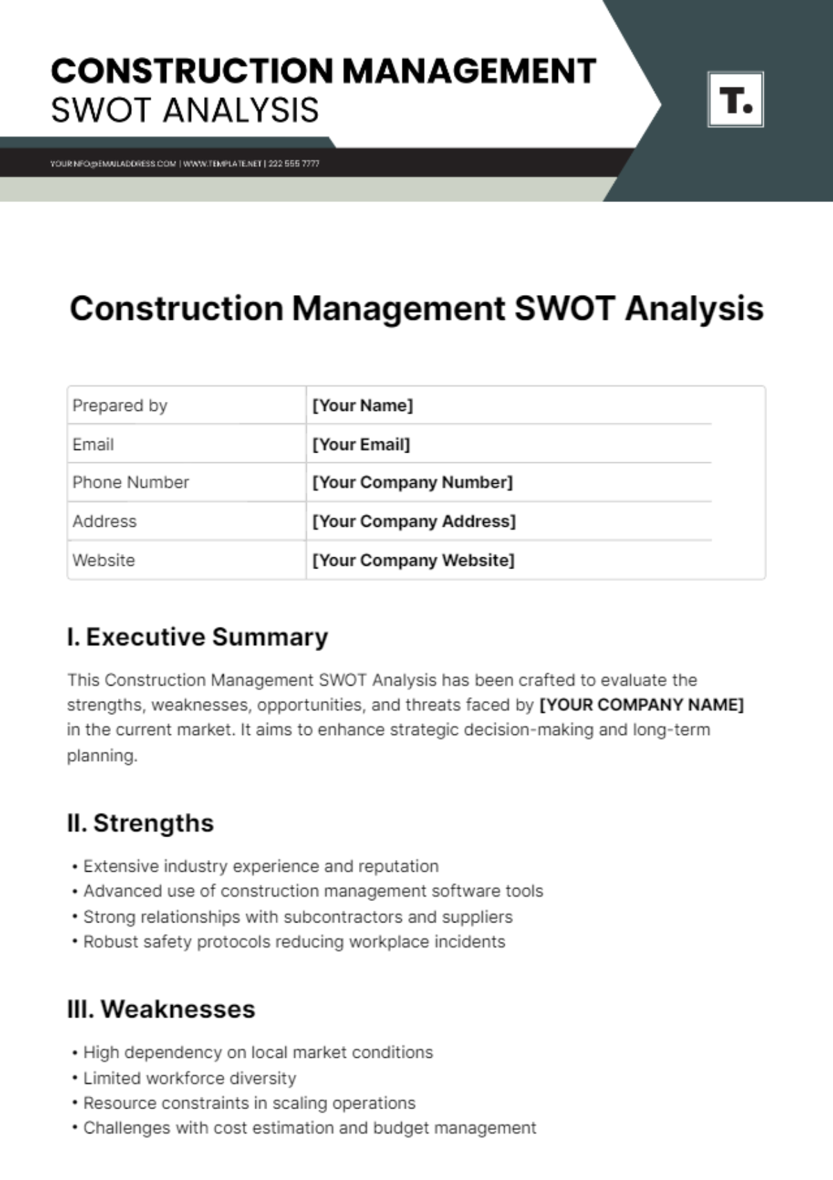 Construction Management SWOT Analysis Template - Edit Online & Download