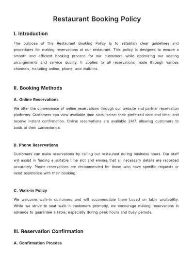 Free Restaurant Booking Policy Template to Edit Online