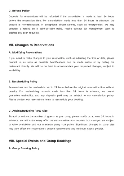 Free Restaurant Booking Policy Template to Edit Online