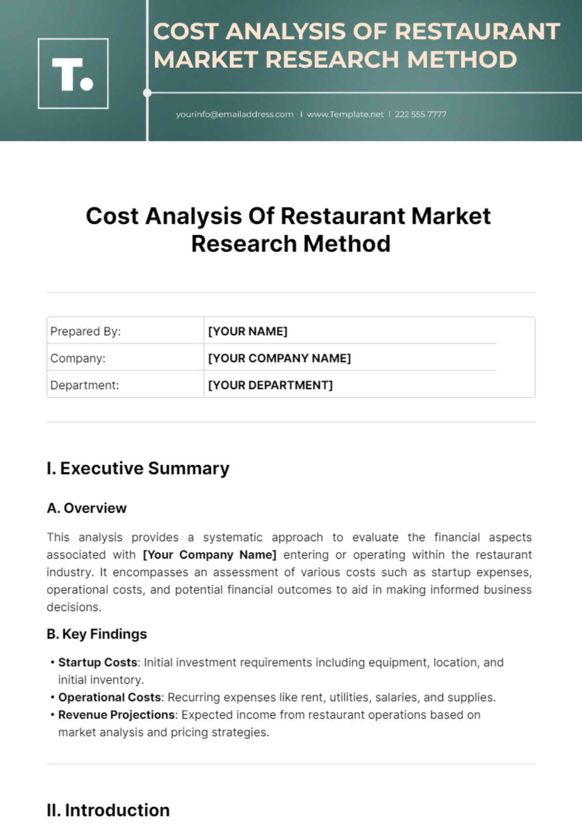 Cost Analysis Of Restaurant Market Research Method Template