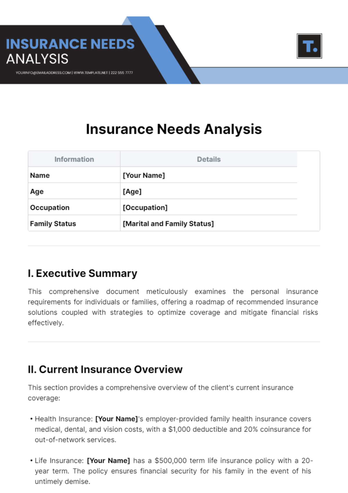 Insurance Needs Analysis Template