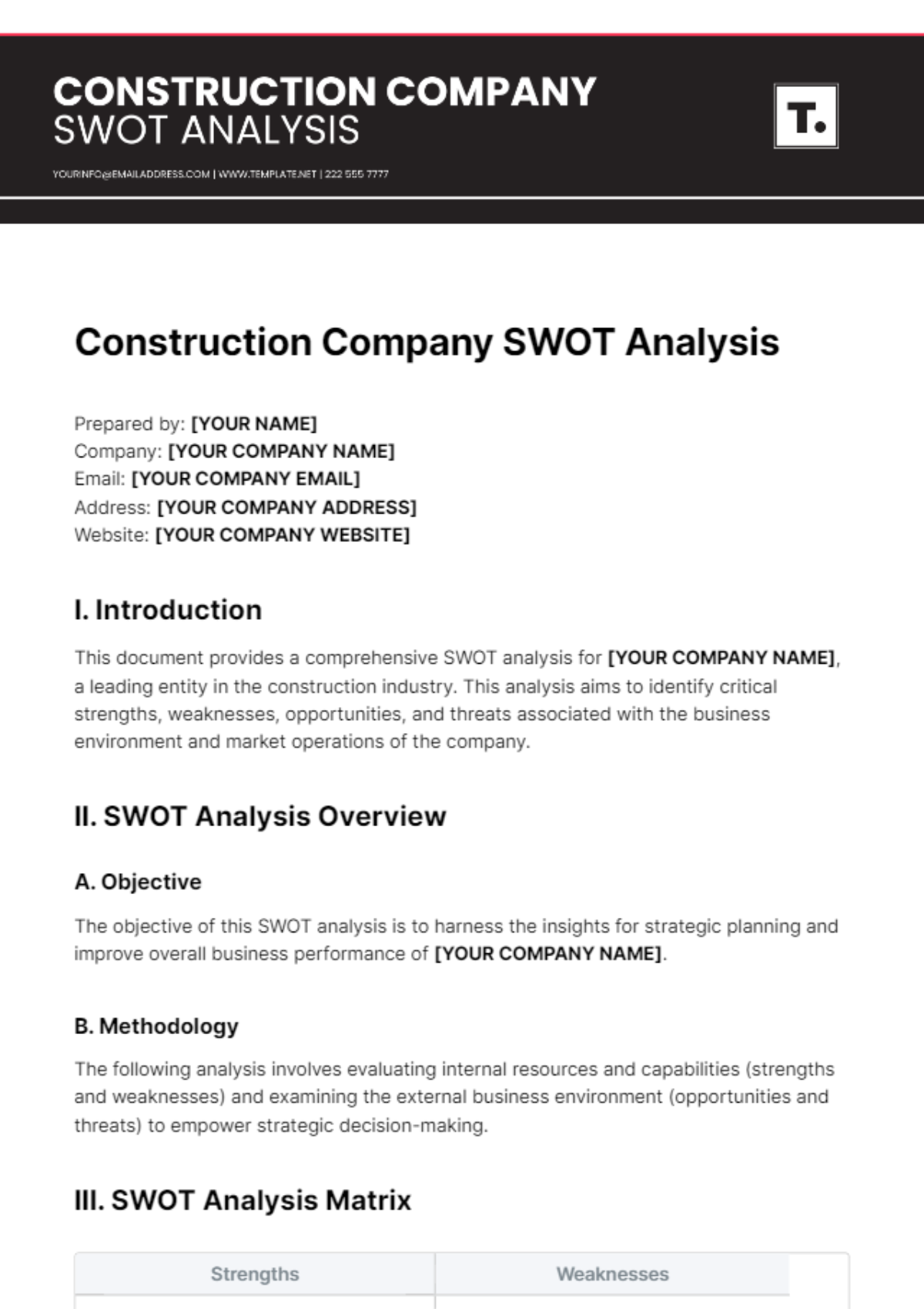 Construction Company SWOT Analysis Template - Edit Online & Download