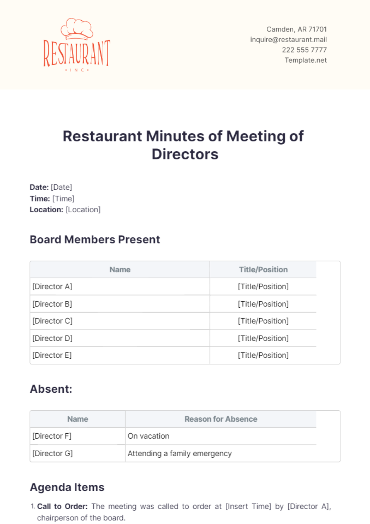 Restaurant Minutes of Meeting of Directors Template - Edit Online & Download