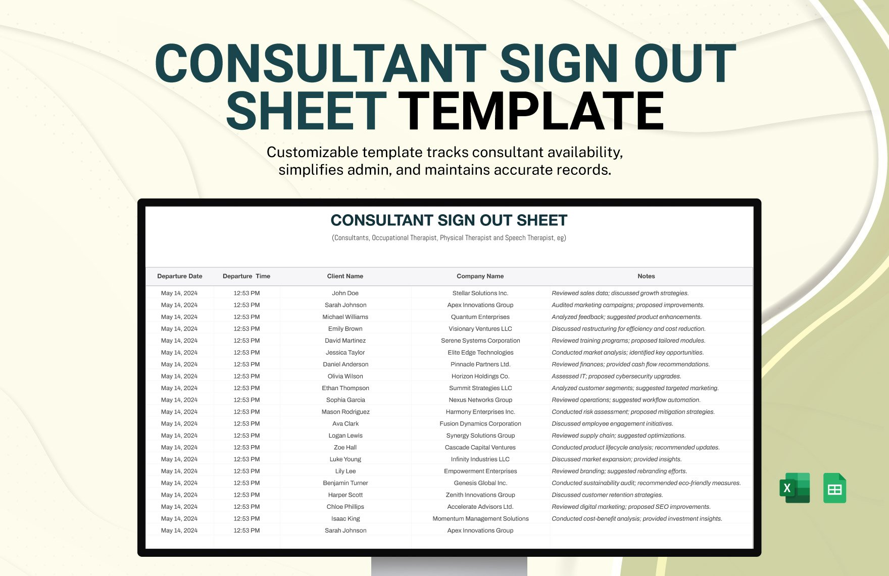 Consultant Sign Out Sheet Template in Excel, Google Sheets
