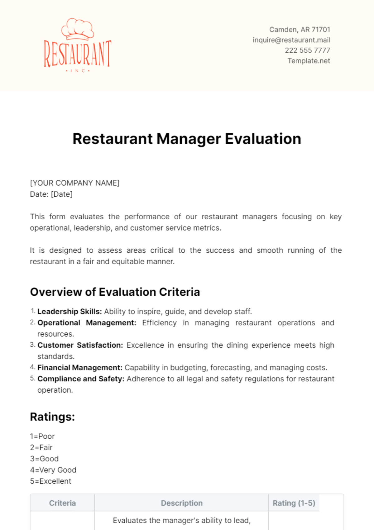 Restaurant Manager Evaluation Template - Edit Online & Download