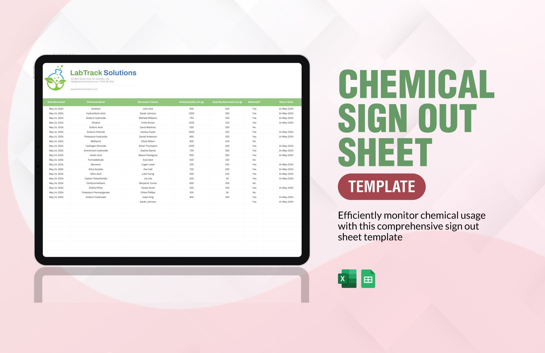 Chemical Sign Out Sheet Template in Excel, Google Sheets