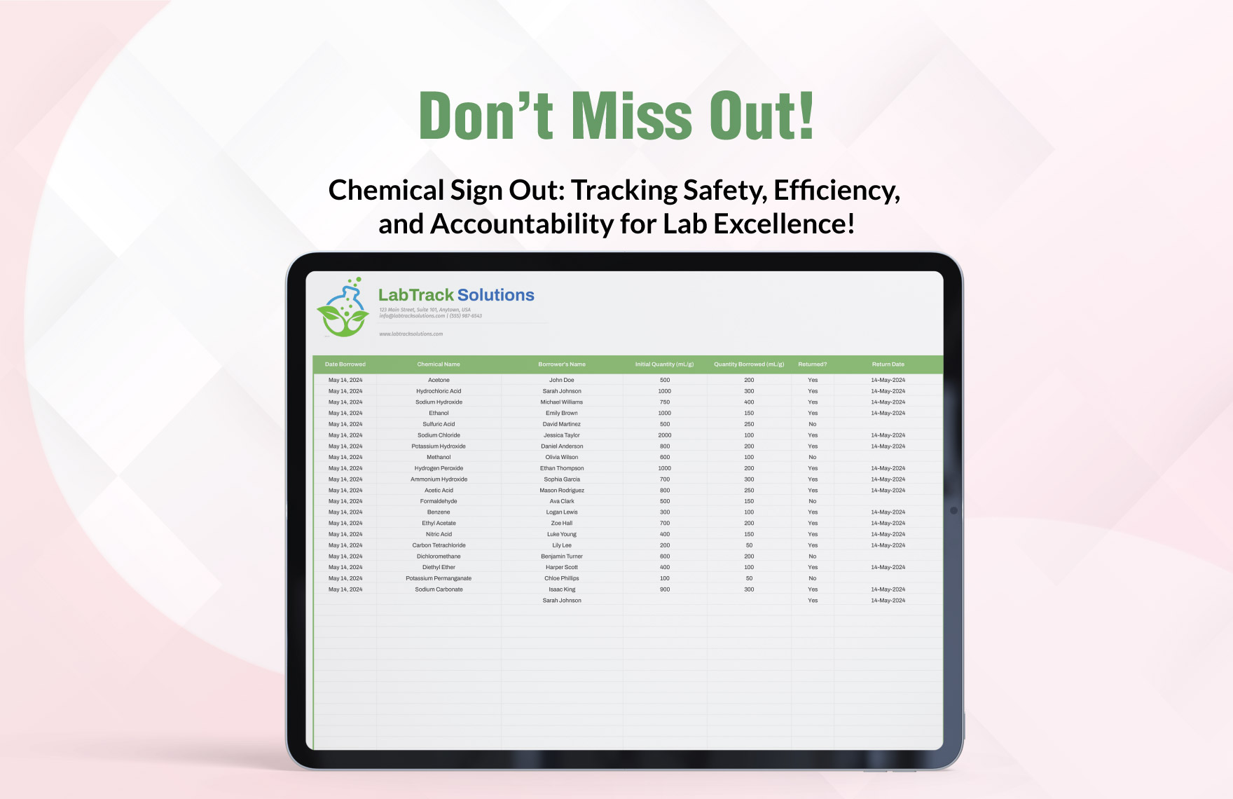Chemical Sign Out Sheet Template