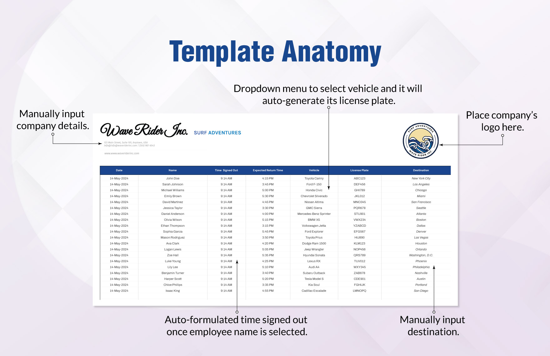 Company Car Sign Out Sheet Template