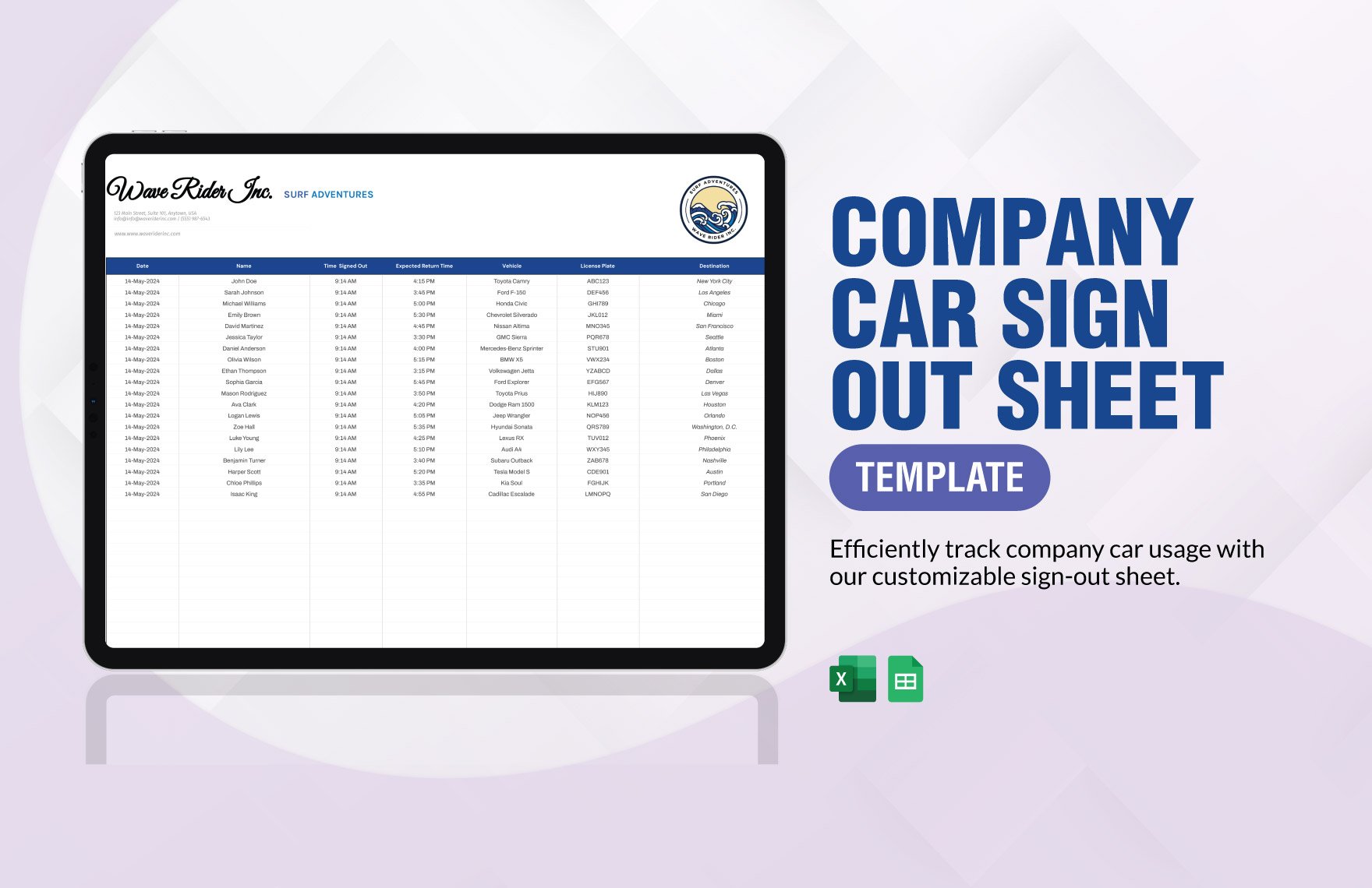 Company Car Sign Out Sheet Template in Excel, Google Sheets