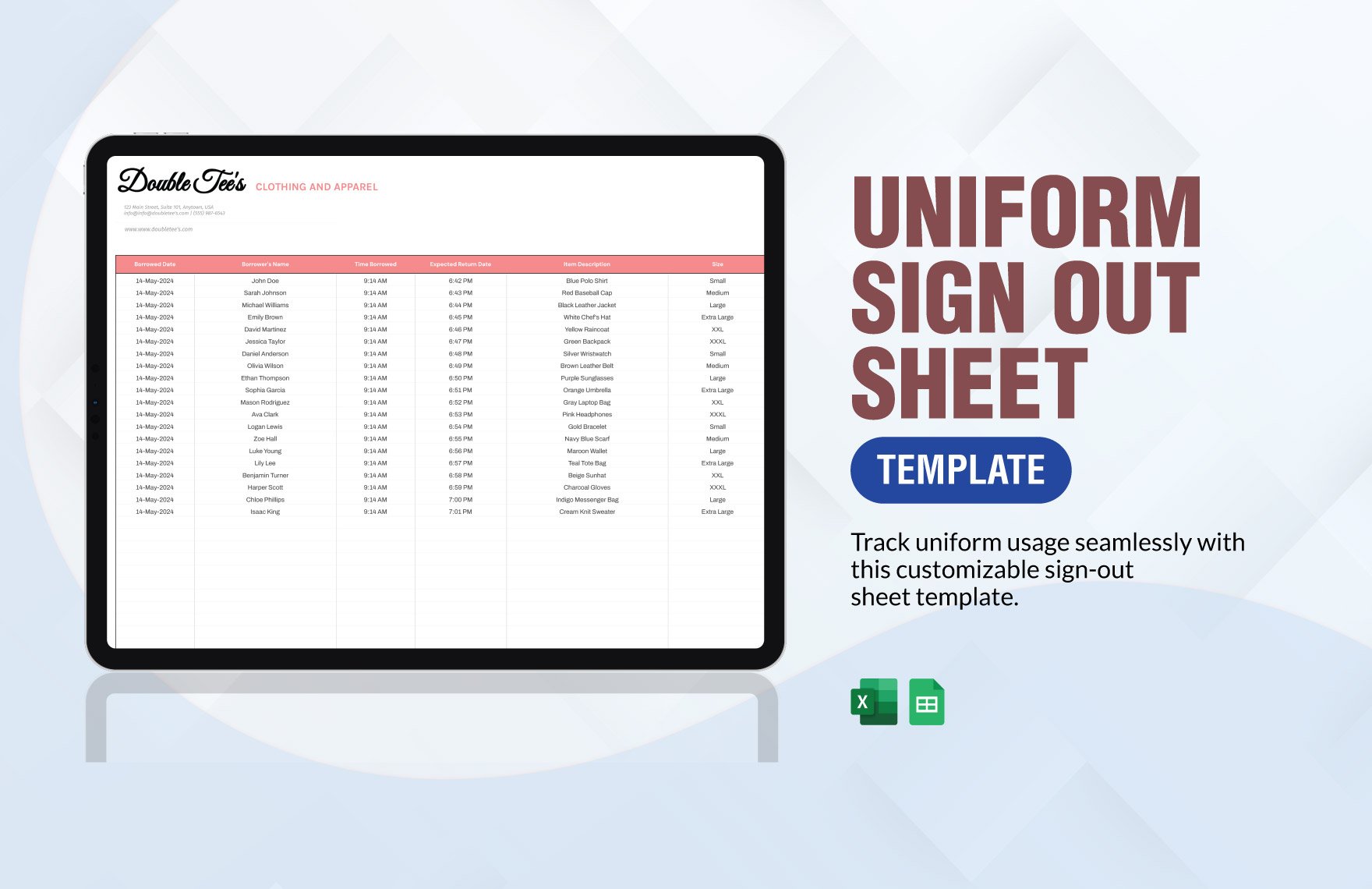 Uniform Sign Out Sheet Template in Excel, Google Sheets