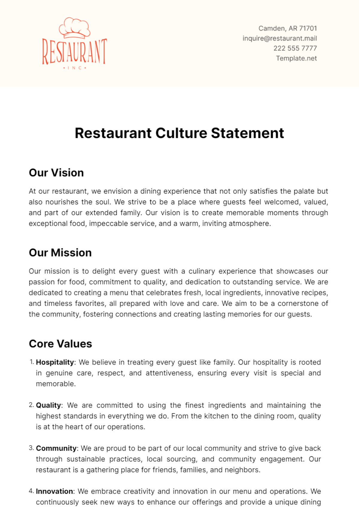 Restaurant Culture Statement Template - Edit Online & Download