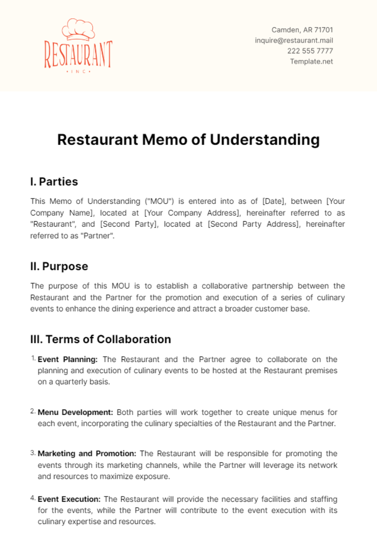 Restaurant Memo of Understanding Template - Edit Online & Download