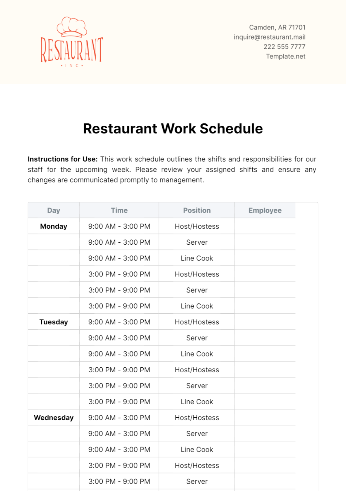 Restaurant Work Schedule Template - Edit Online & Download