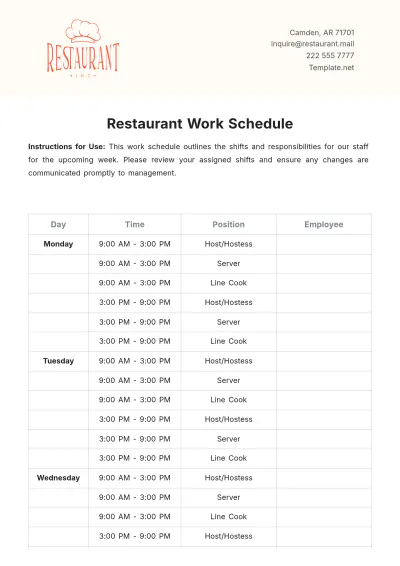Free Restaurant Work Schedule Template to Edit Online
