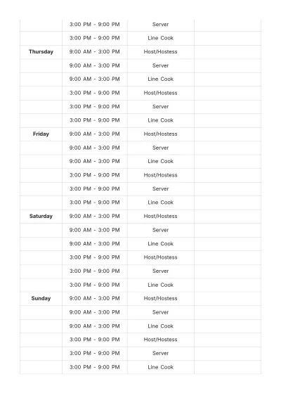 Free Restaurant Work Schedule Template to Edit Online