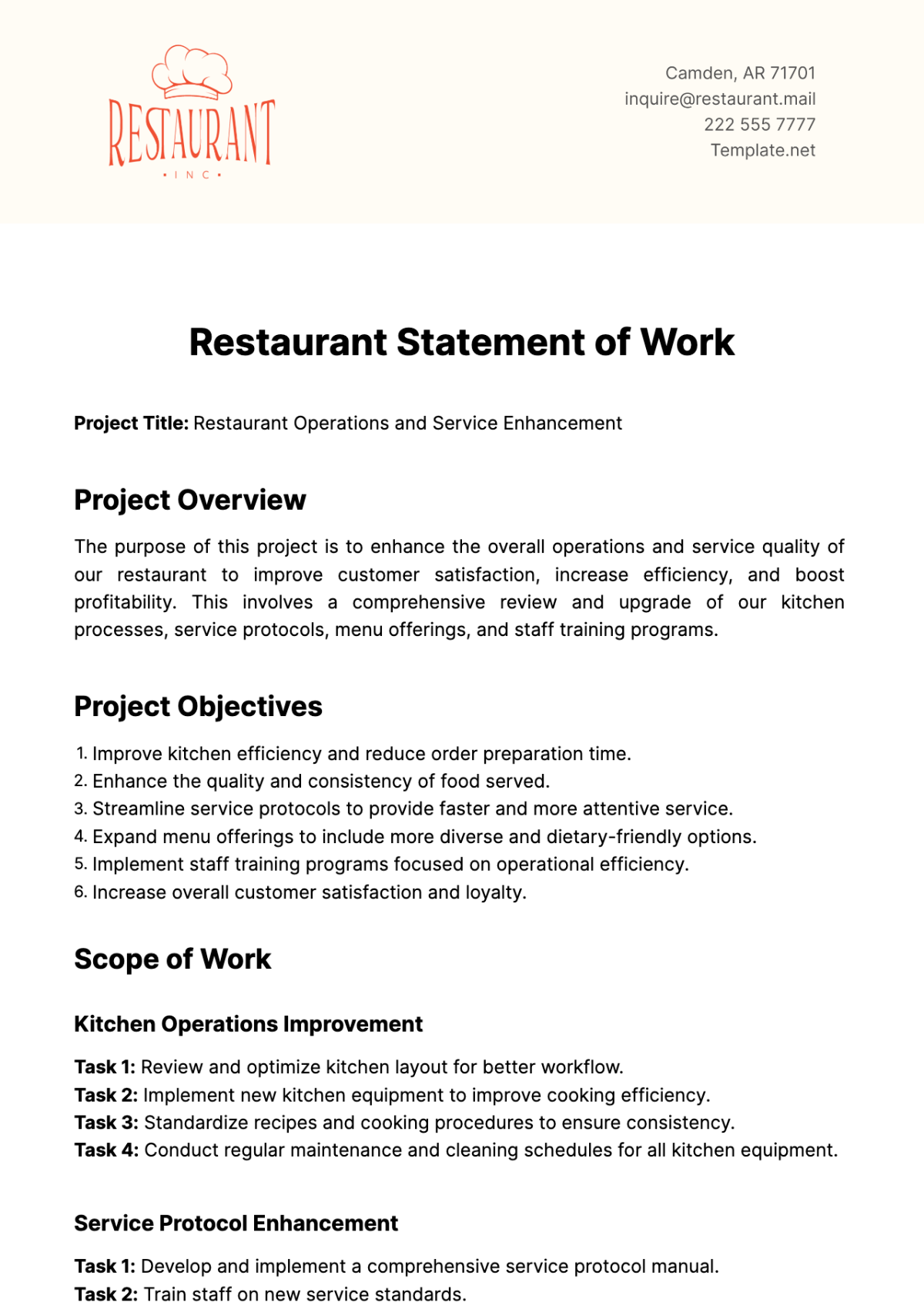 Restaurant Statement of Work Template - Edit Online & Download