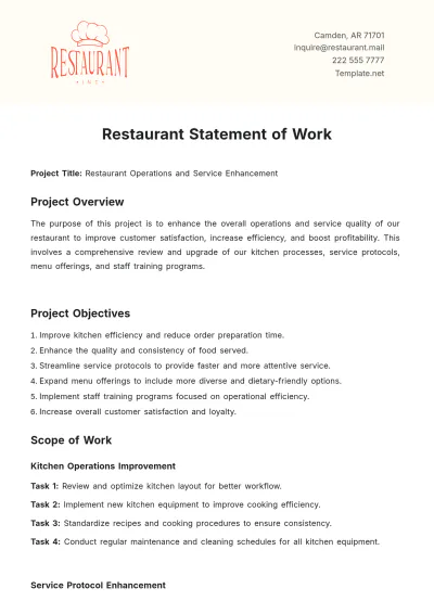Free Restaurant Statement of Work Template to Edit Online