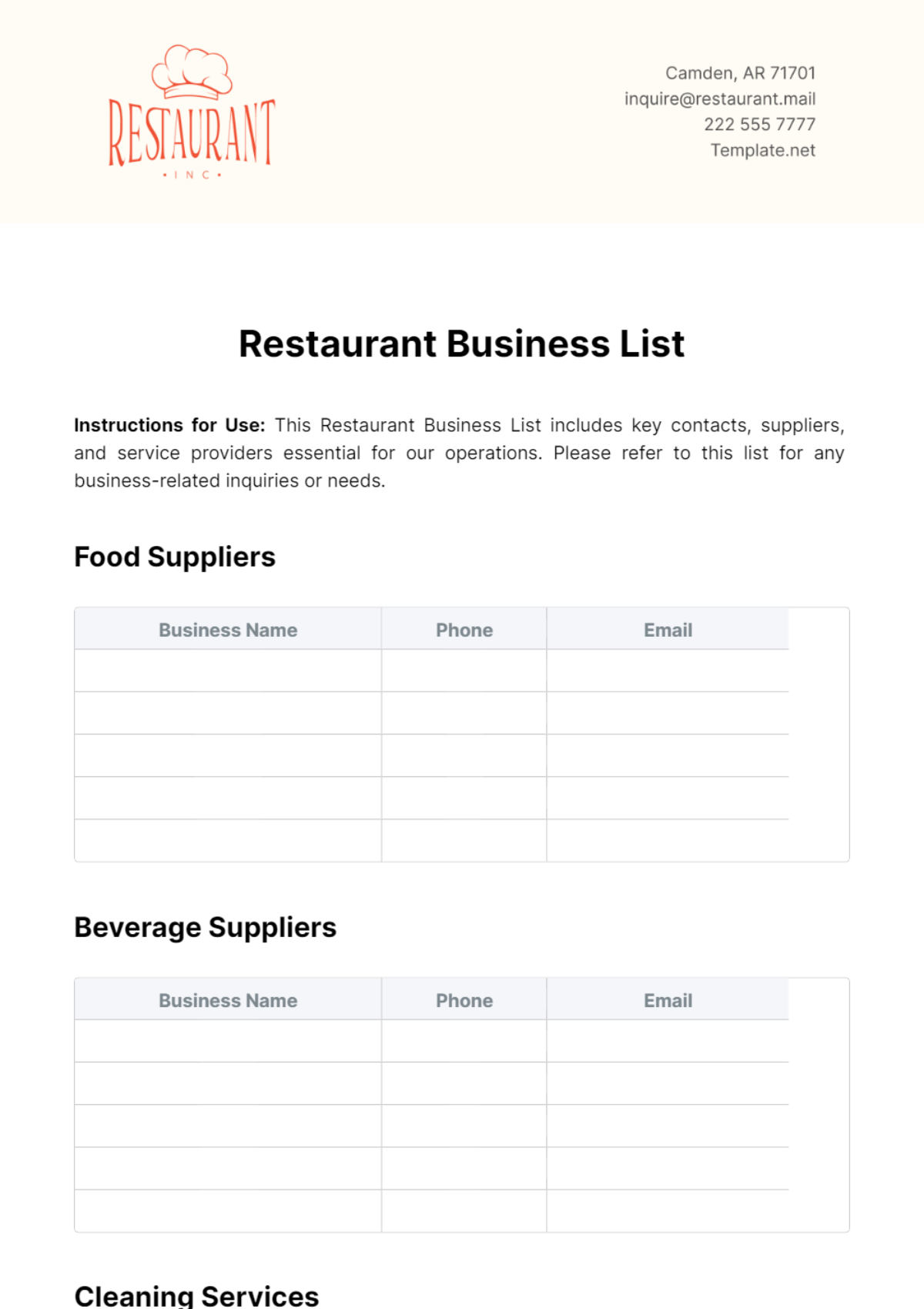 Restaurant Business List Template - Edit Online & Download