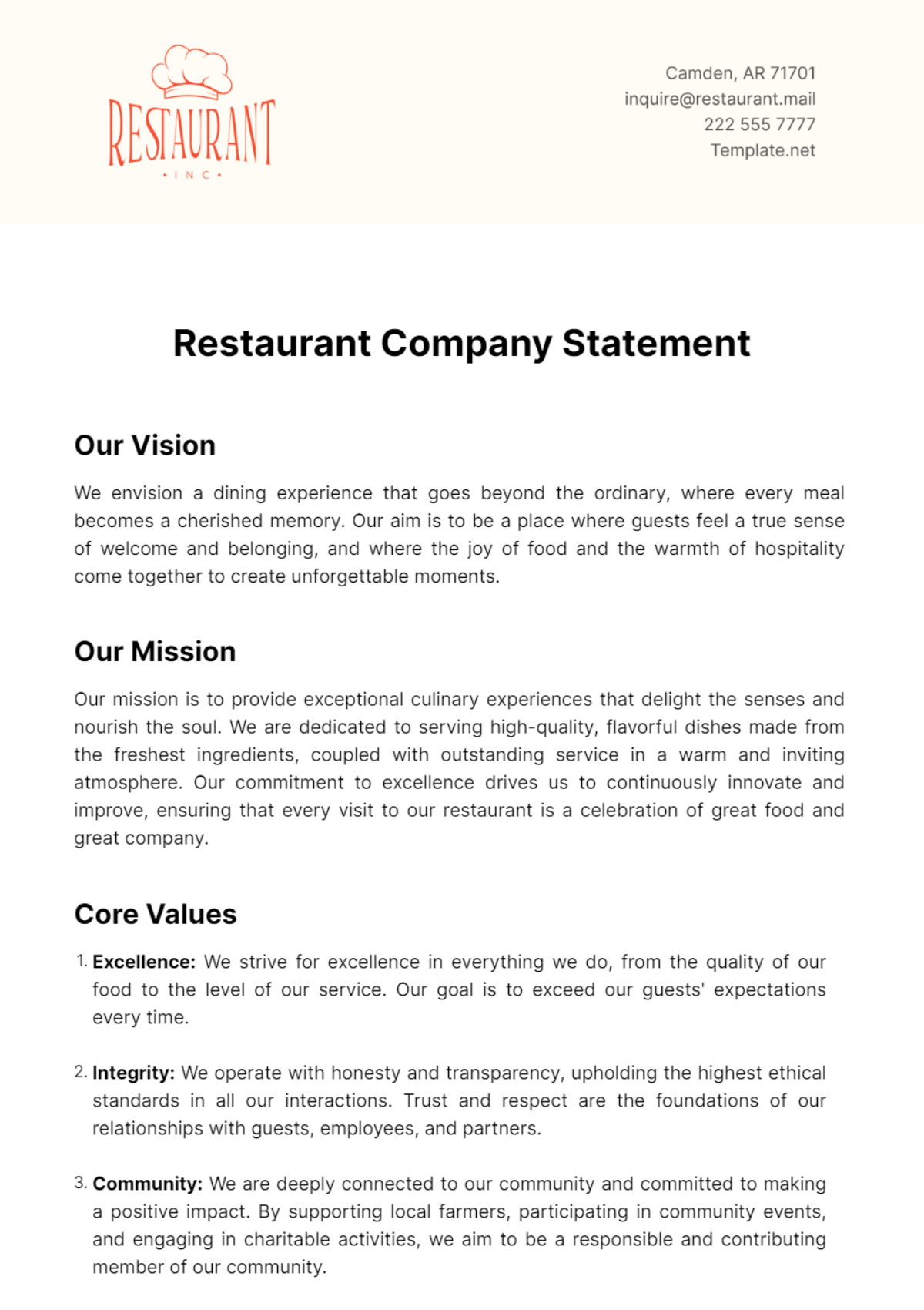 Restaurant Company Statement Template - Edit Online & Download