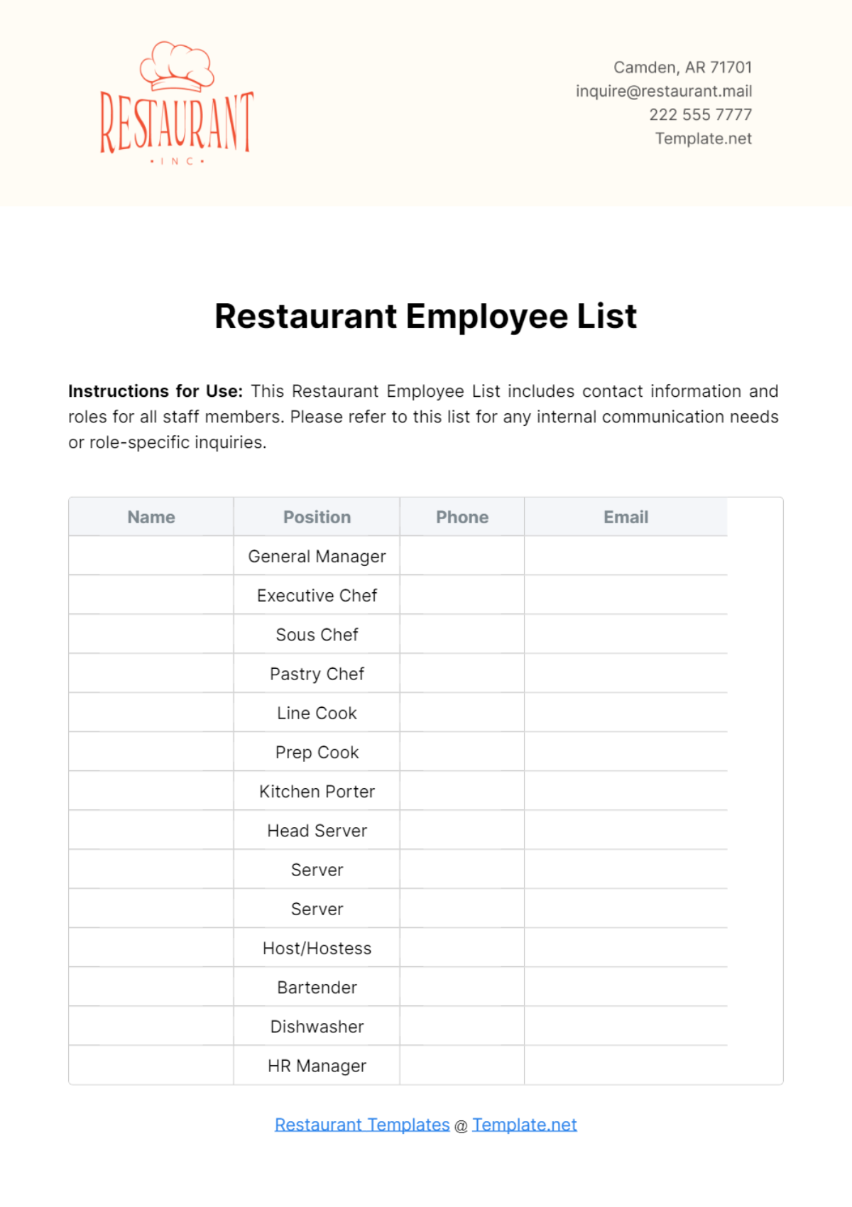 Restaurant Employee List Template - Edit Online & Download