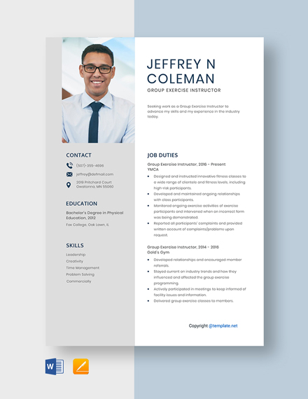 Free Group Fitness Instructor Resume Template - Word, Apple Pages ...