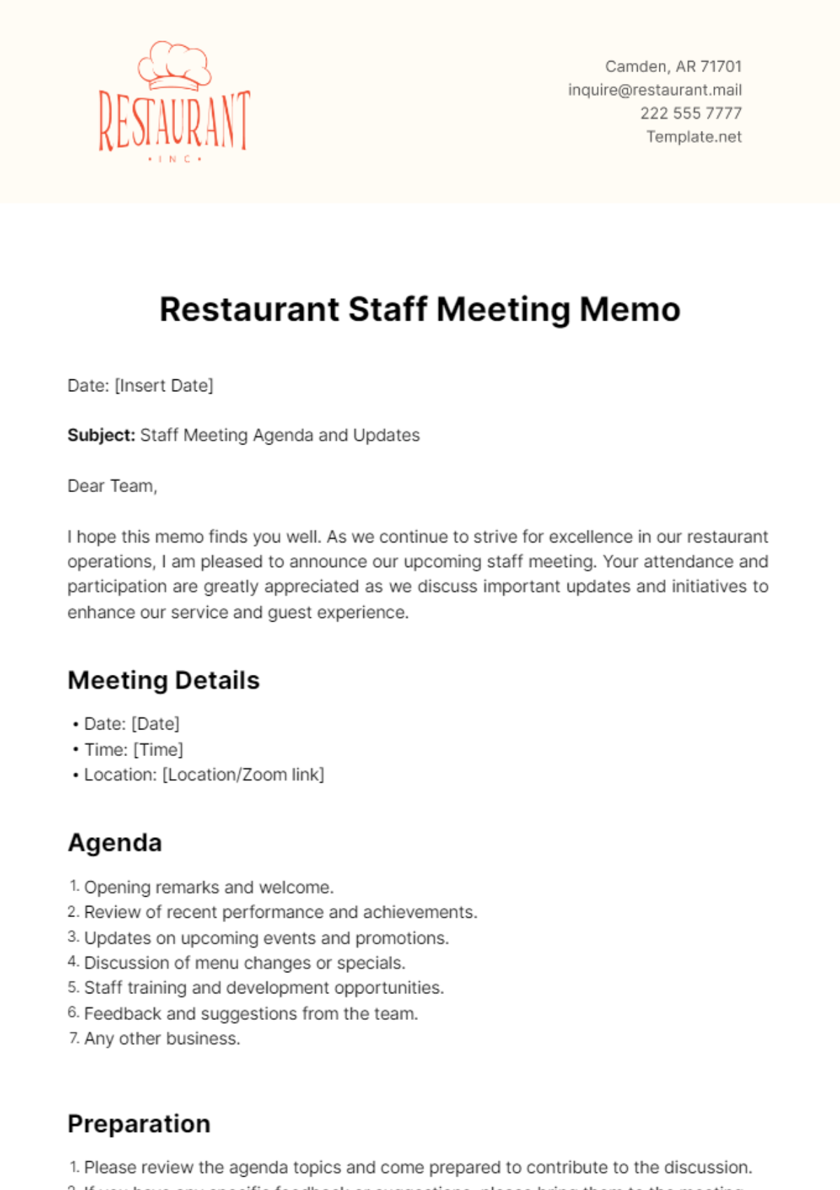 Restaurant Staff Meeting Memo Template - Edit Online & Download