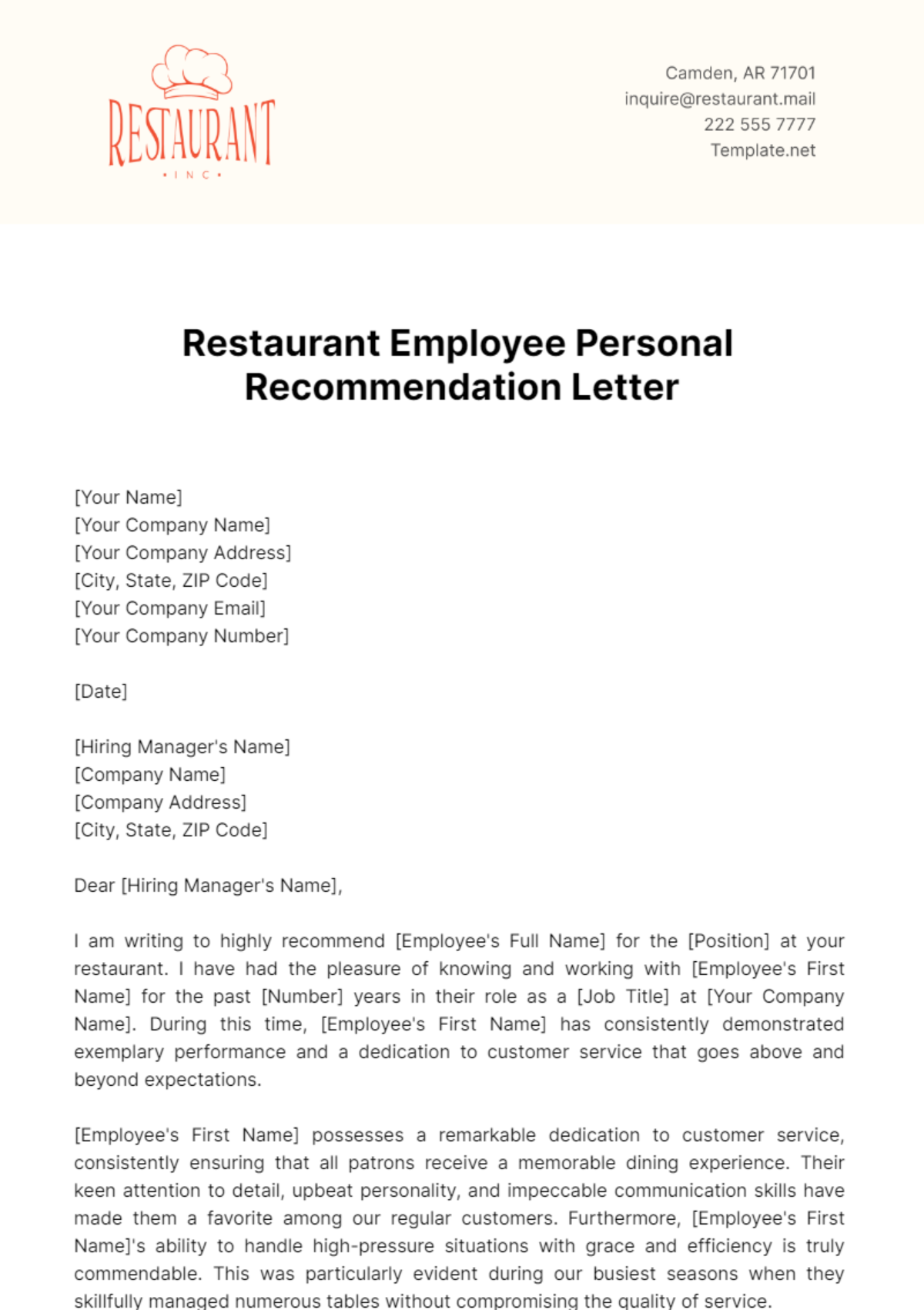 Free Restaurant Employee Personal Recommendation Letter Template
