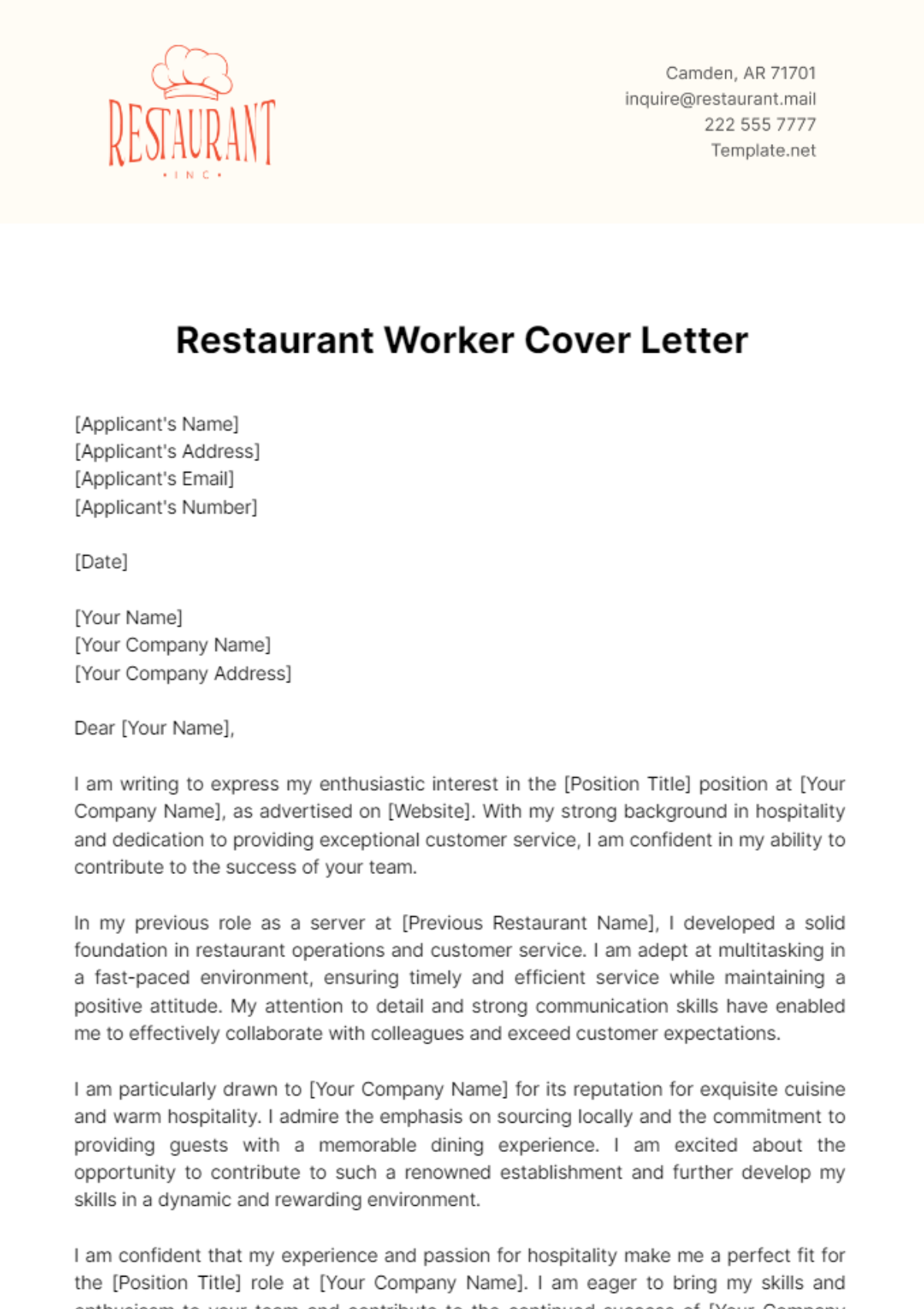 Free Restaurant Worker Cover Letter Template
