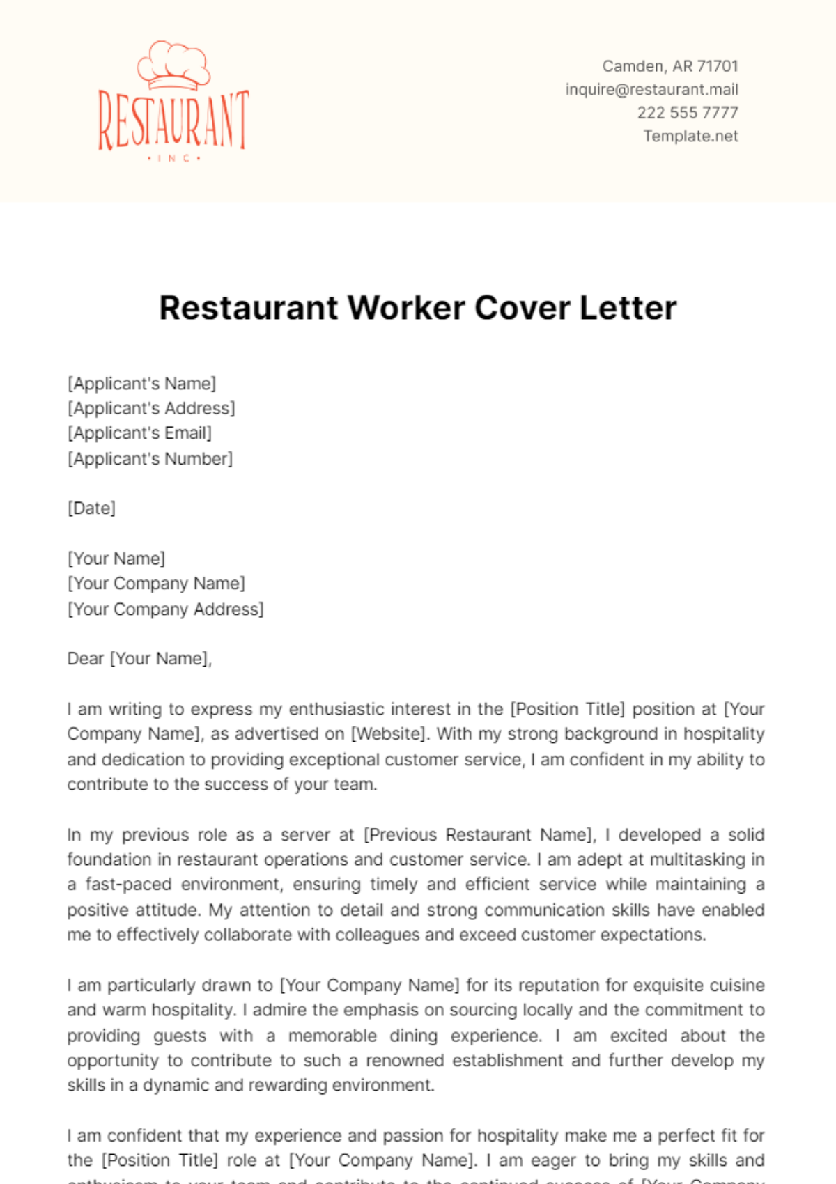 Restaurant Worker Cover Letter Template - Edit Online & Download