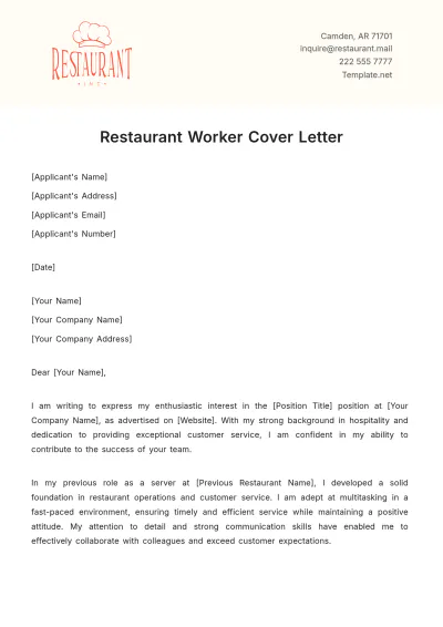 Free Restaurant Worker Cover Letter Template to Edit Online