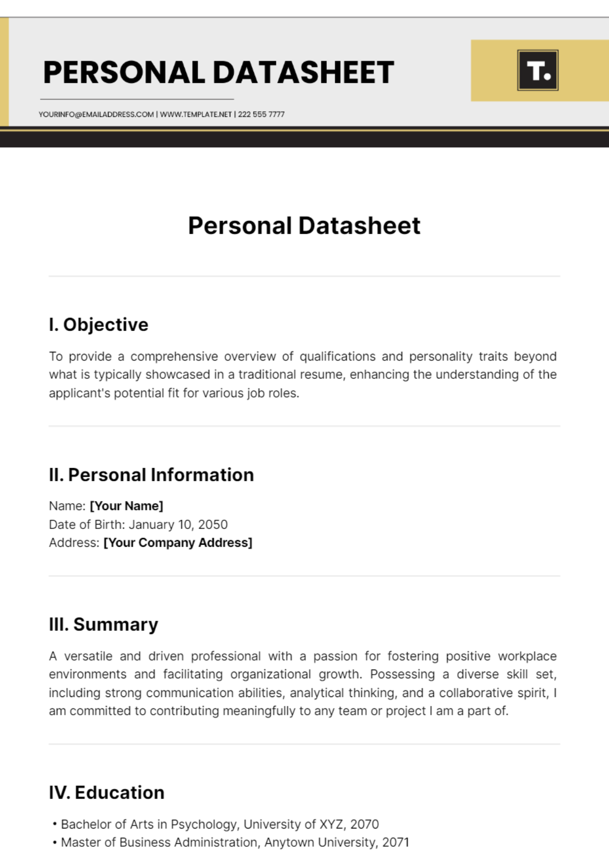 Personal Datasheet Template - Edit Online & Download