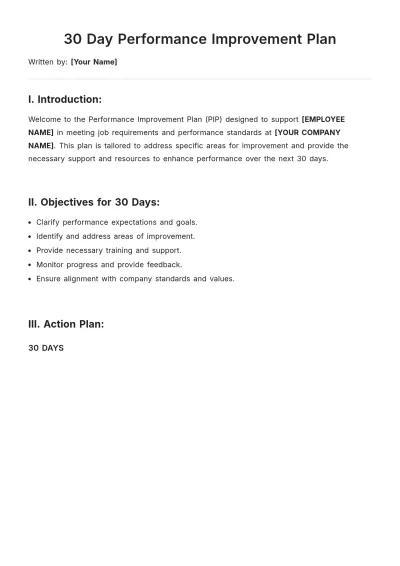 Free 30 Day Performance Improvement Plan Template to Edit Online
