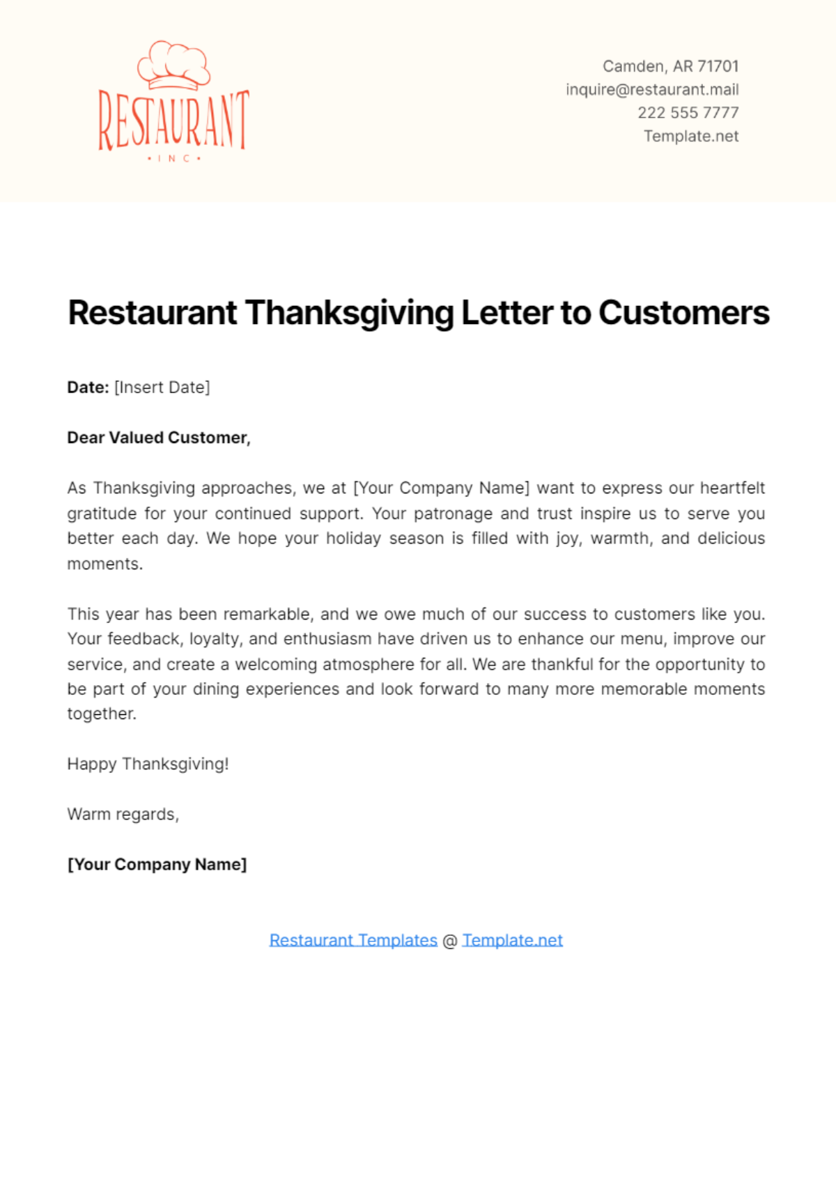 Free Restaurant Thanksgiving Letter to Customers Template