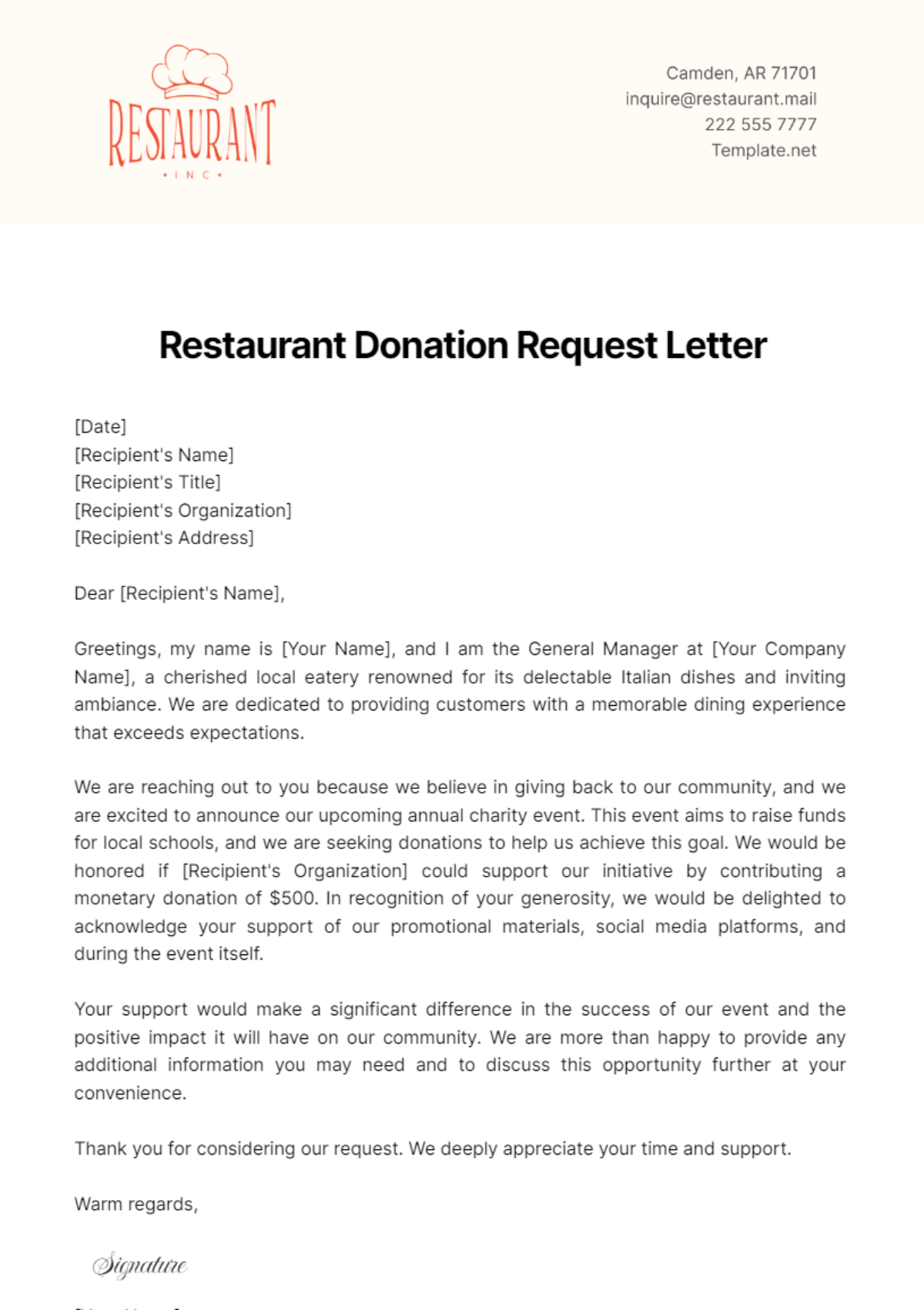 Restaurant Donation Request Letter Template - Edit Online & Download