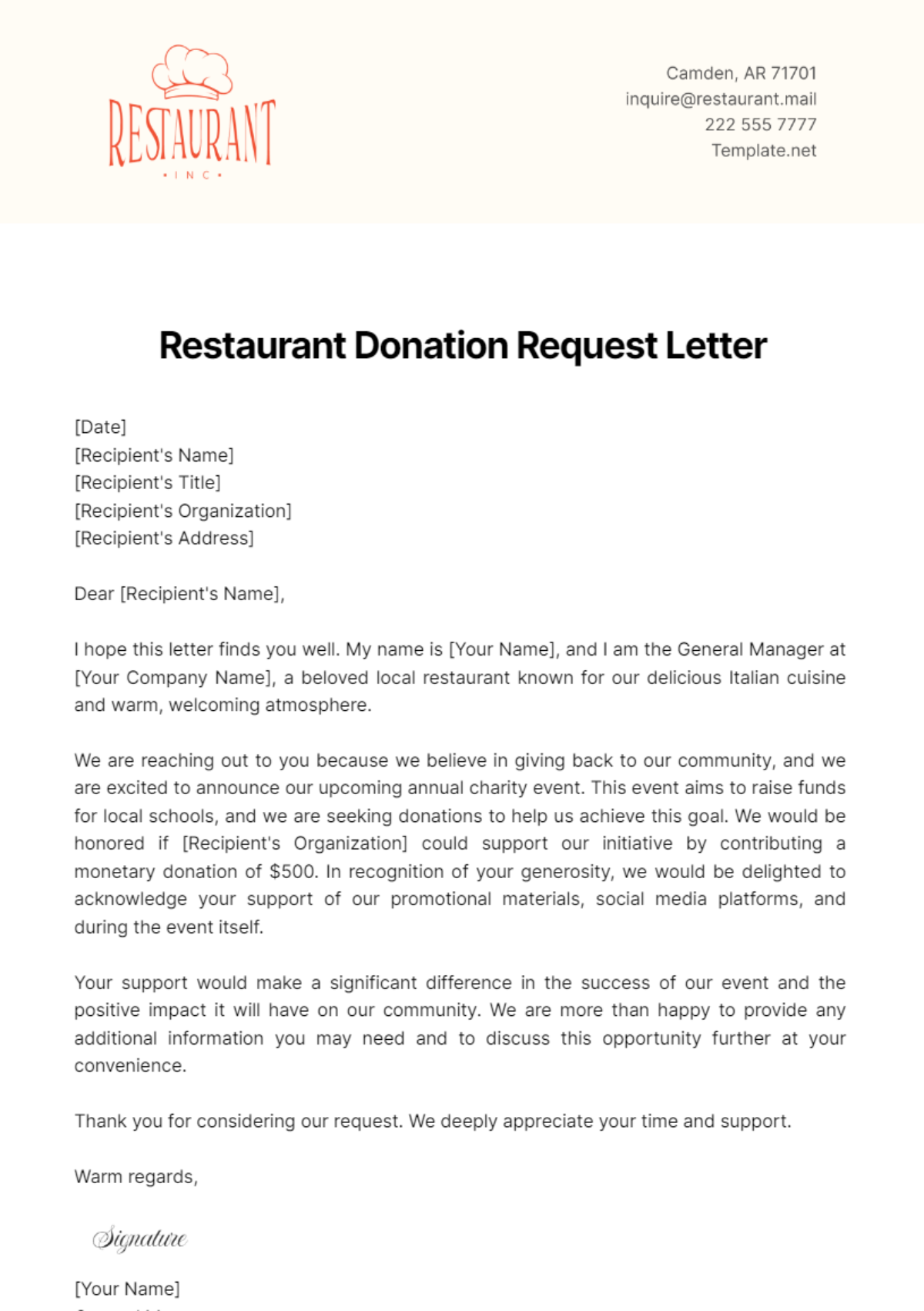 Free Restaurant Donation Request Letter Template