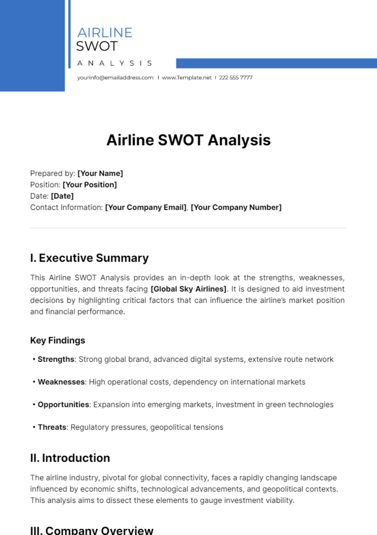 Free Airline SWOT Analysis Template