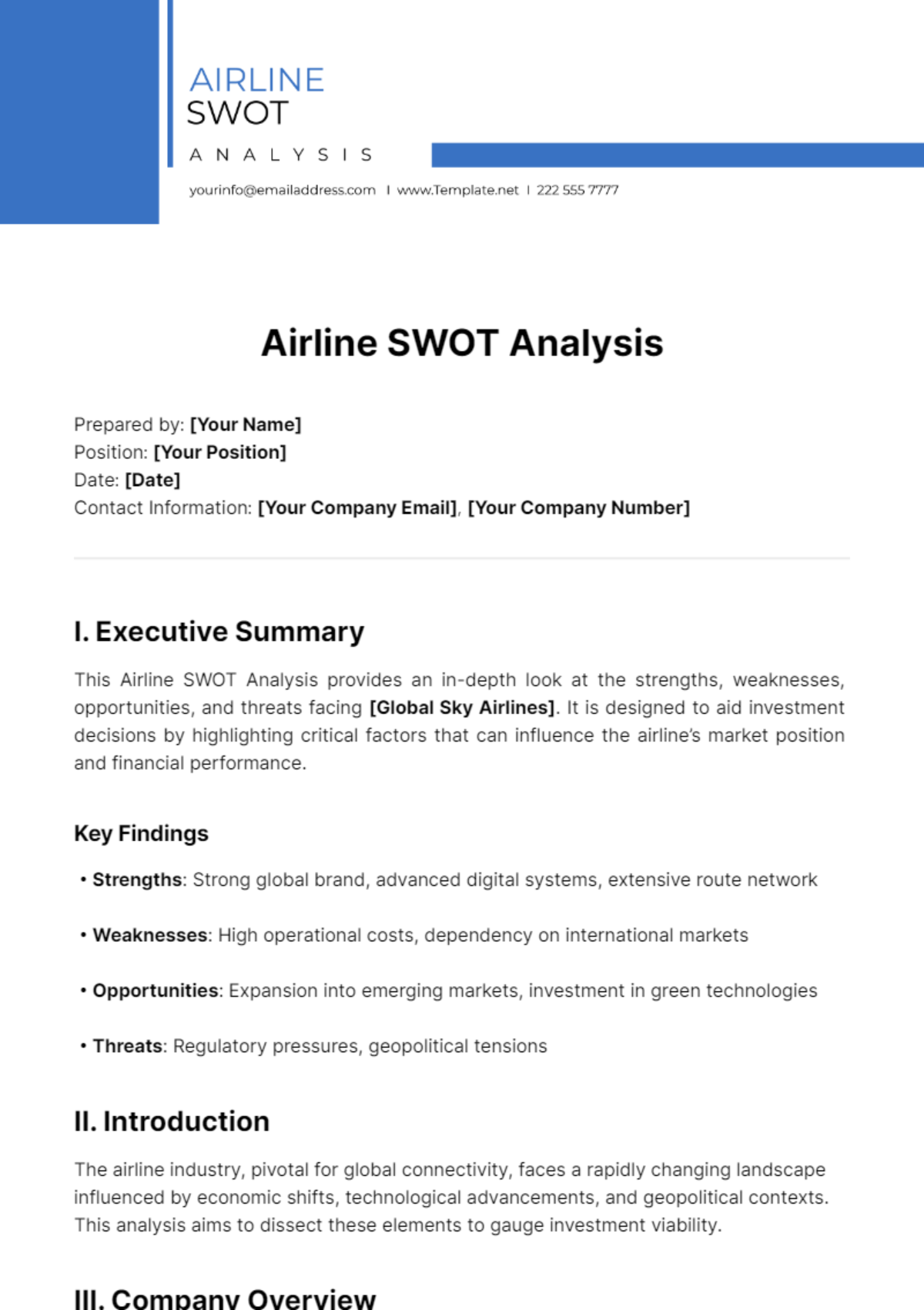 Airline SWOT Analysis Template - Edit Online & Download