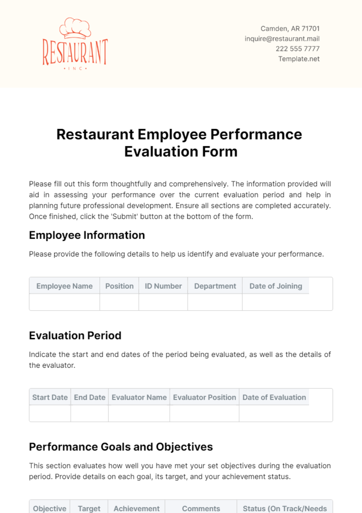 Restaurant Employee Performance Evaluation Form Template - Edit Online & Download