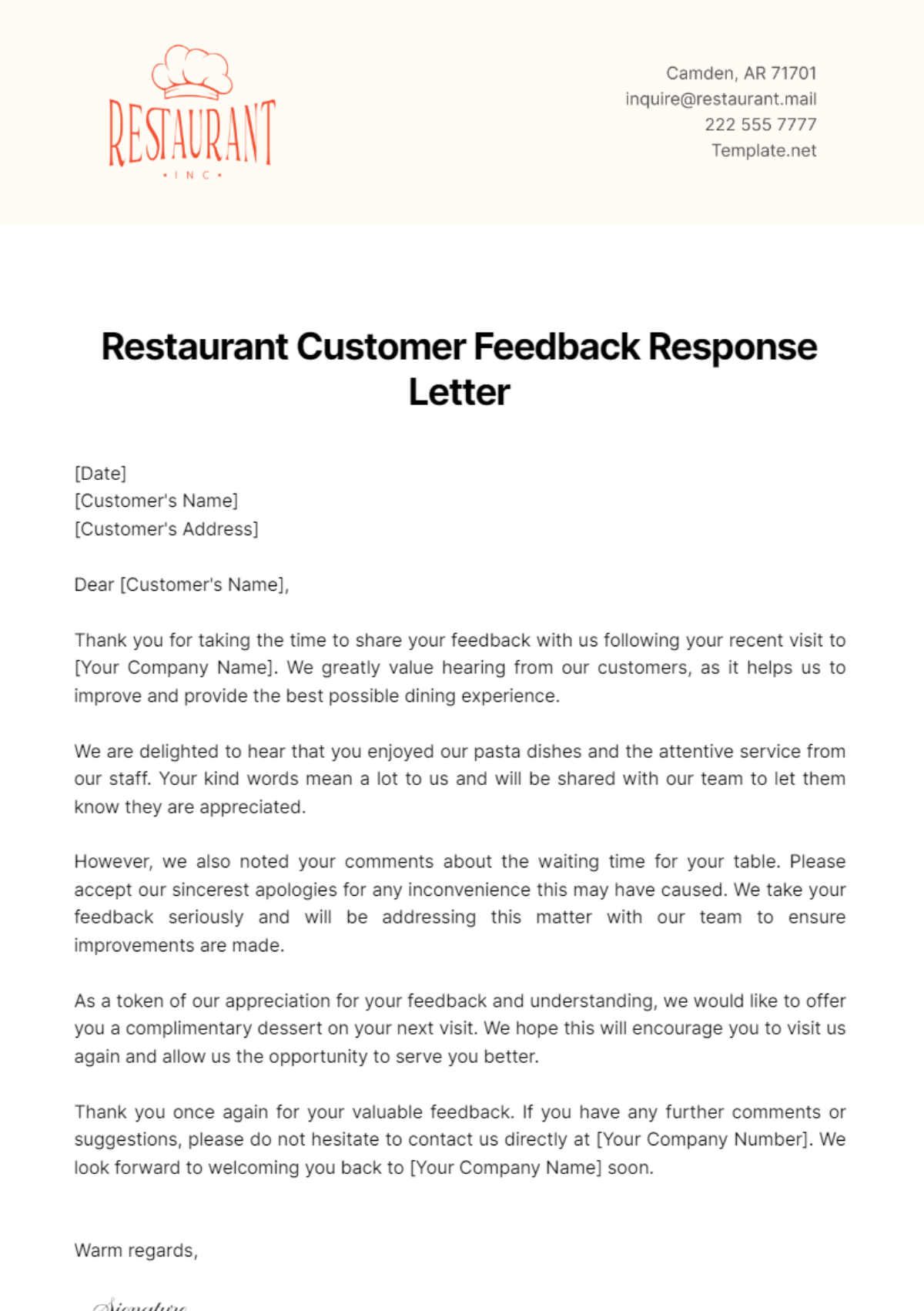 Free Restaurant Customer Feedback Response Letter Template