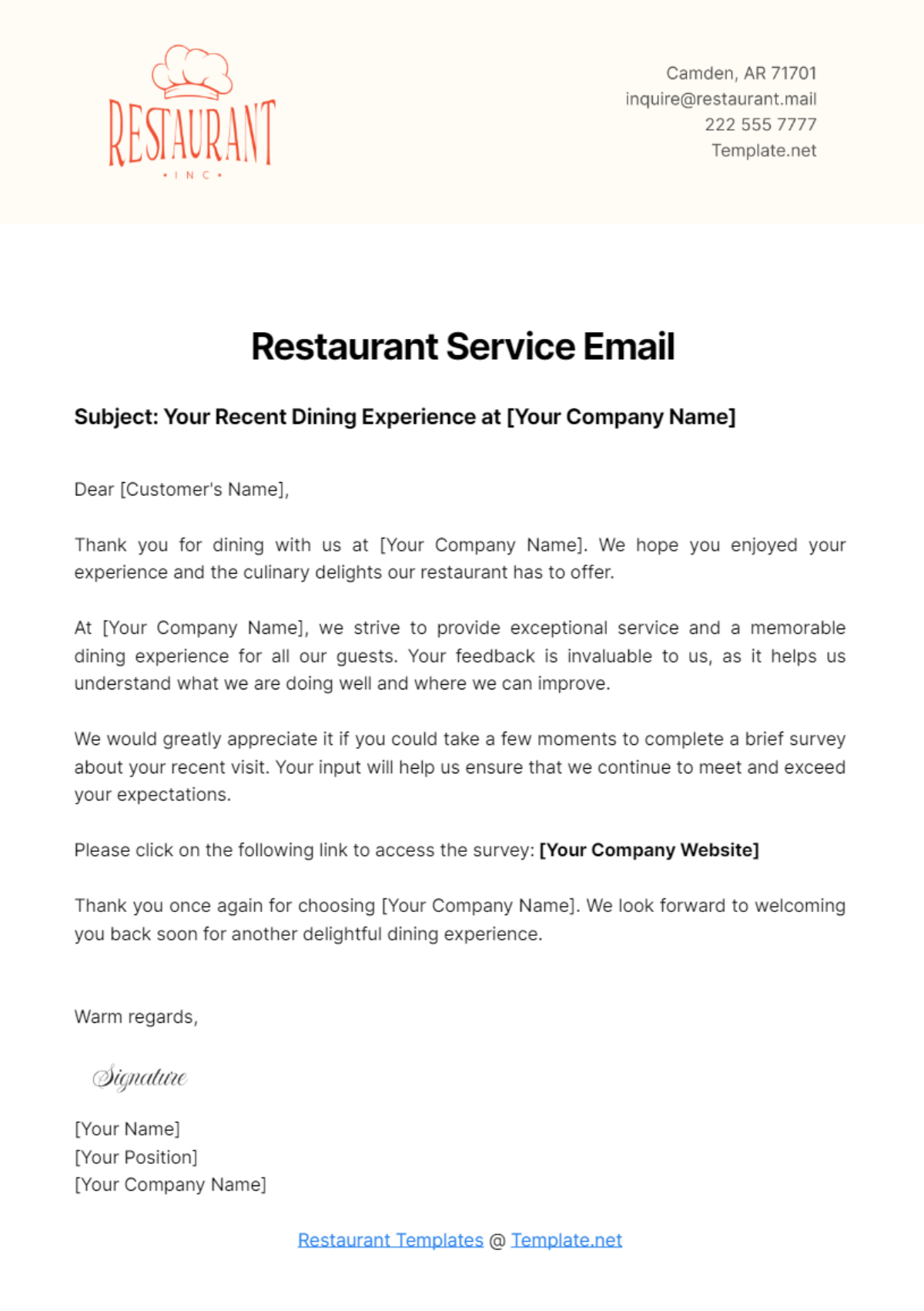 Free Restaurant Service Email Template