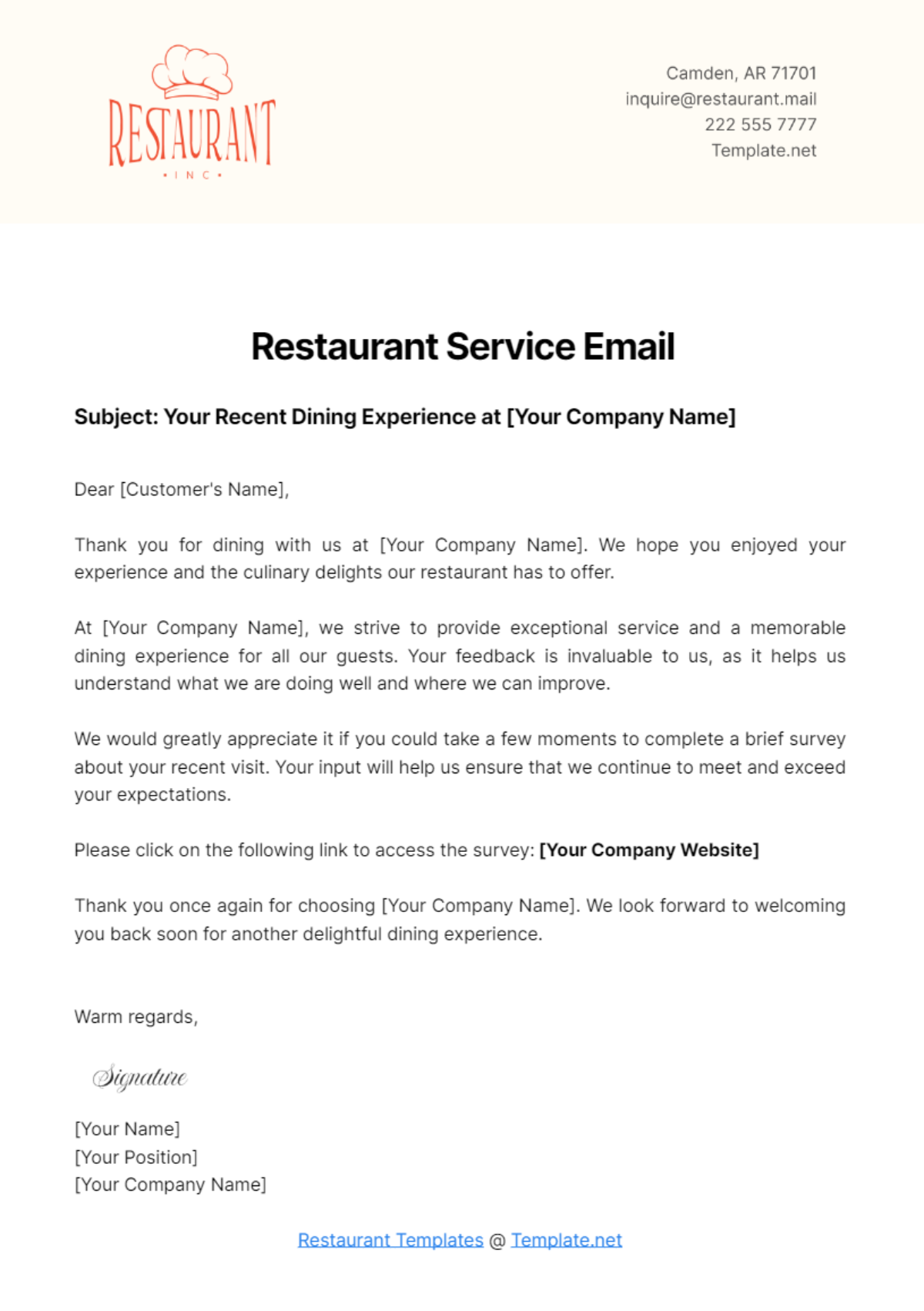 Restaurant Service Email Template - Edit Online & Download