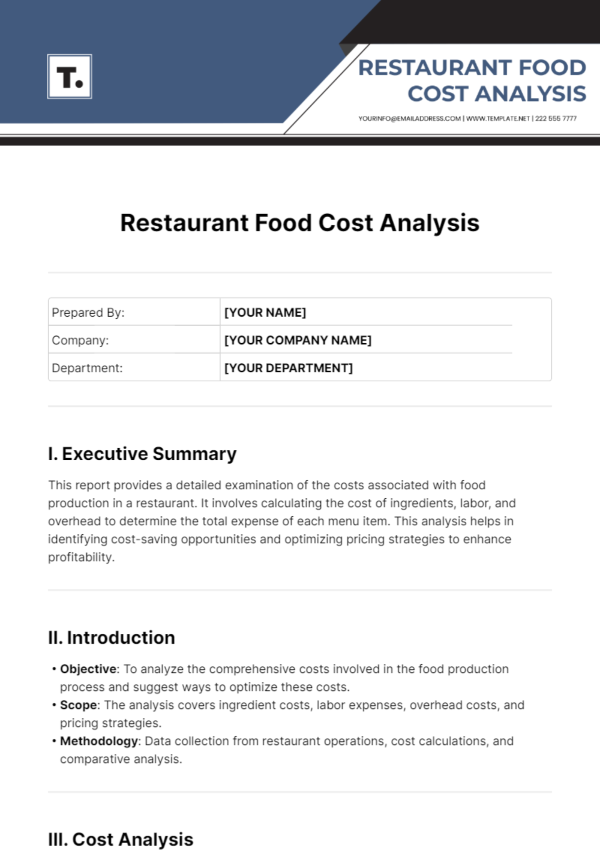 Restaurant Food Cost Analysis Template