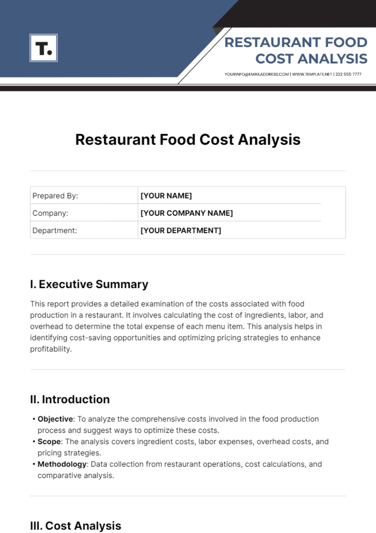 Free Restaurant Food Cost Analysis Template