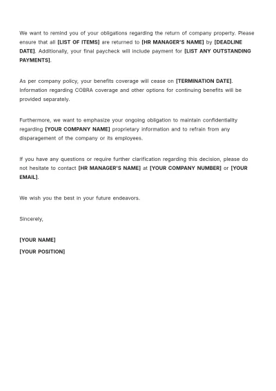 Free Termination Explanation Letter Template to Edit Online