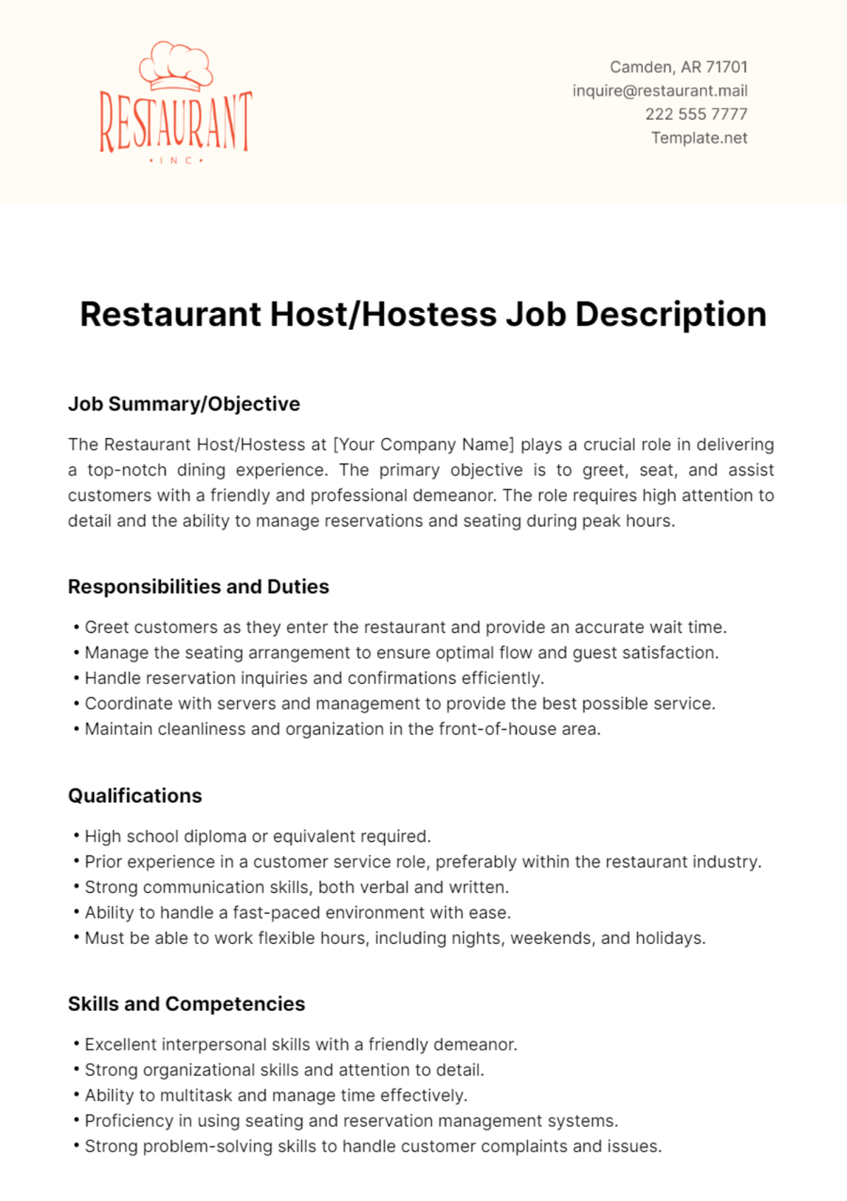 Restaurant Host/Hostess Job Description Template - Edit Online & Download