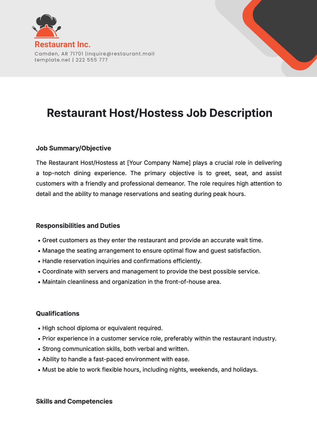 Free Restaurant Host%2FHostess Job Description Template