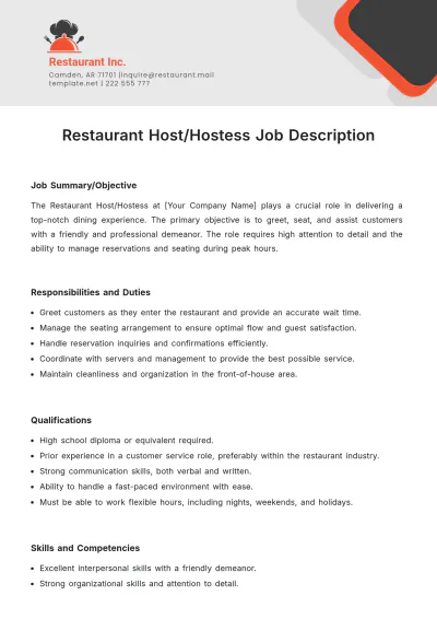 Free Restaurant Host%2FHostess Job Description Template to Edit Online