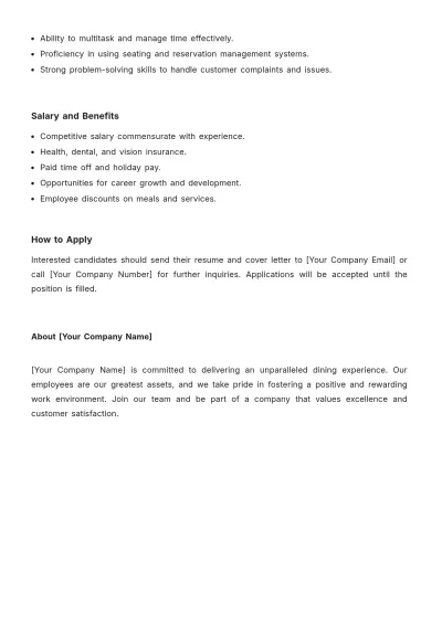 Free Restaurant Host%2FHostess Job Description Template to Edit Online