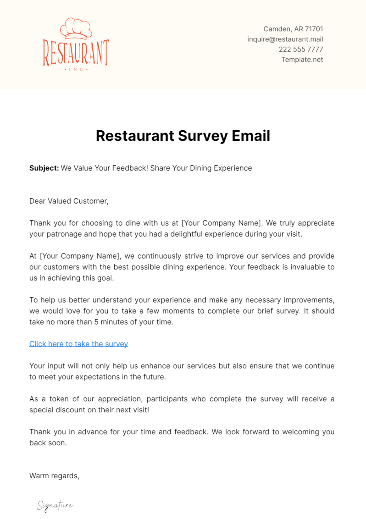 Free Restaurant Survey Email Template