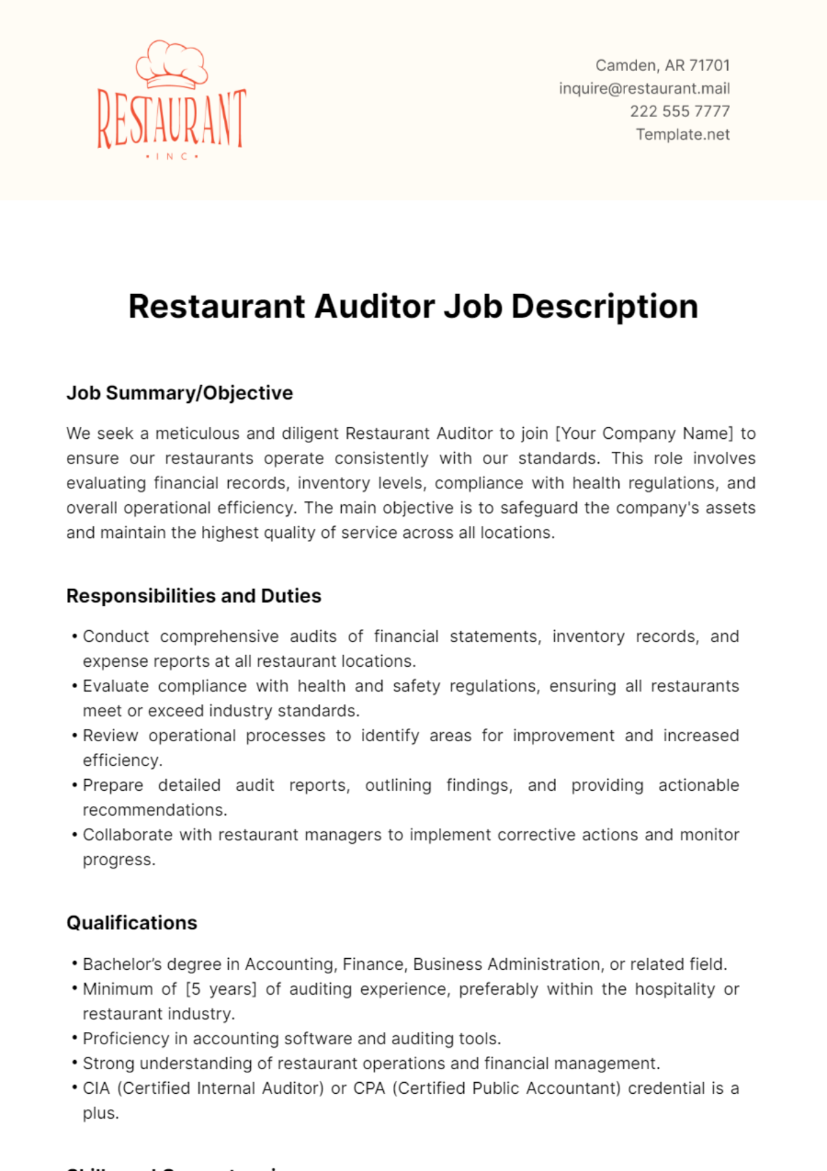 Restaurant Auditor Job Description Template - Edit Online & Download